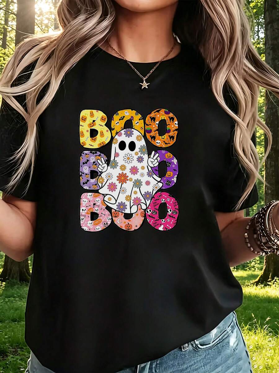 Women's T-Shirt, Halloween Boo Ghost, Casual Streetwear - 黑色 - 查看 1