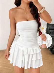 Vestido mini con volantes de punto blanco para mujer - Plateado - Ver 1