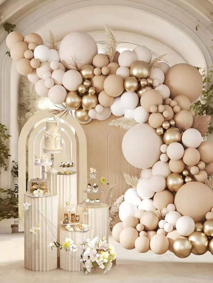 Juego de arco de globos de color neutro y guirnalda de globos de color neutro, que incluye globos de color nude, arena, blanco y dorado metálico, adecuado para decoraciones de boda, cumpleaños y baby shower - Multicolor - Ver 1