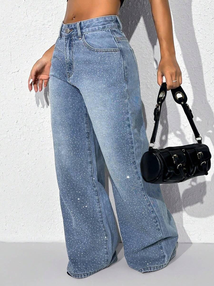 Jeans casuales de cintura baja y pierna ancha de color azul con bolsillos en diagonal y adornos de cuentas, para primavera - Azul - Ver 1