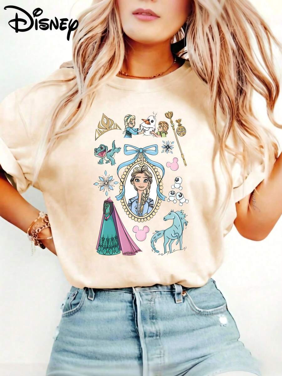 Disney Official Licensed Frozen Elsa Frame Print T-Shirt For Women, Soft Fabric, Casual Top For Park Trip - Apricot - View 1