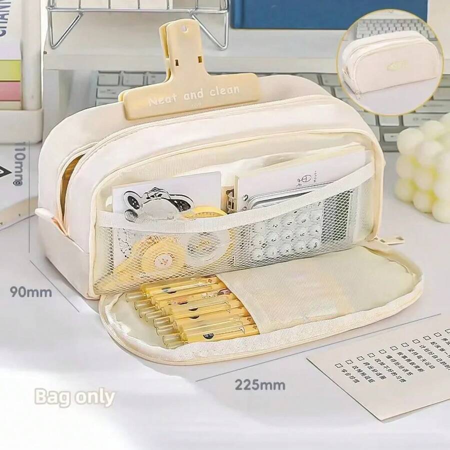 Multifunctional Multi-Layer Stationery Box, Student Stationery Storage Box, Large Capacity, Essential School Supplies For Back To School Season, Pen Case. - Beige - View 1