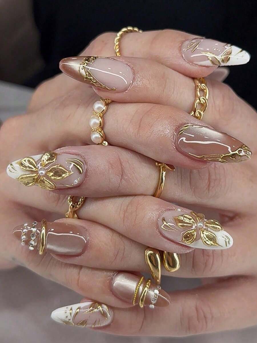 10片裝奢華風3D花卉壓克力穿戴甲－長尖型假指甲與美甲用品，適合女孩與女性，適用於晚宴、婚禮及特殊場合 - 彩色 - 查看 1