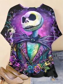 Disney, Jack Skellington With Colorful Roses And Galaxy Background Print, Round Neck Short Sleeve T-Shirt, For Casual Wear And Halloween Party - 彩色 - 查看 4