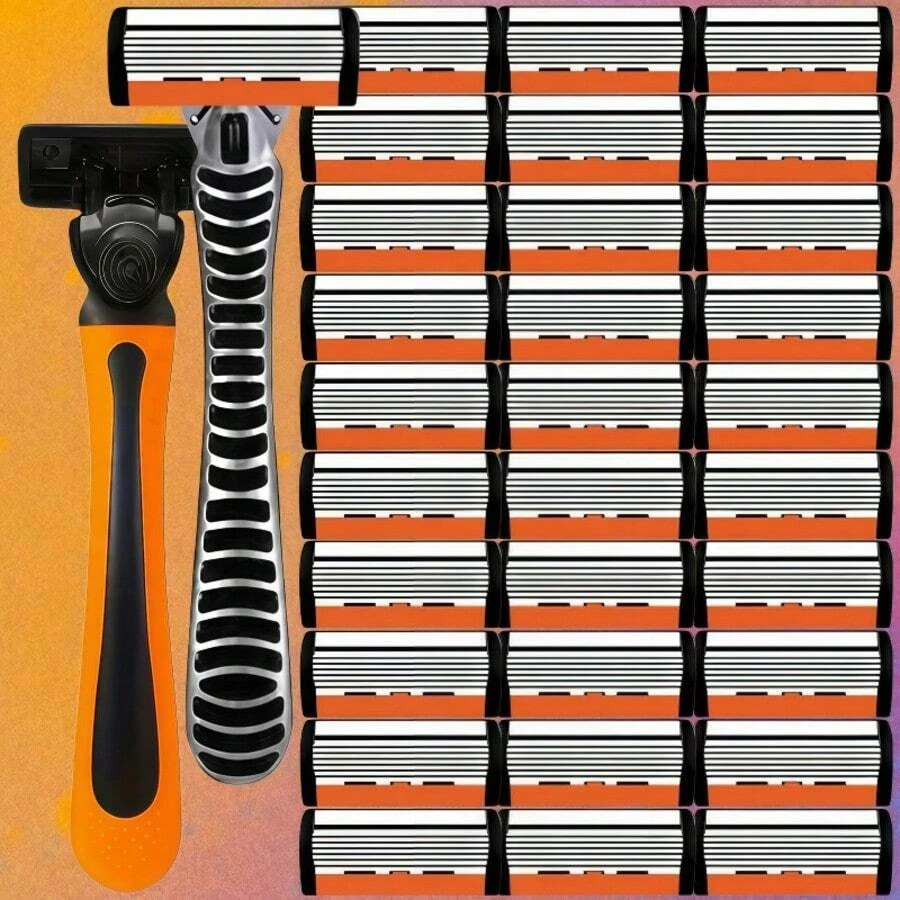 Classic 6-Layer Manual Razor Set, 1/2 Handle With 6/12/18/24/30 Blades , Manual Shave Razors For Daily Face Care 6-Layer Stainless Steel Razor Blades For Men - Replaceable For Smooth Shaves - Multicolor - View 1