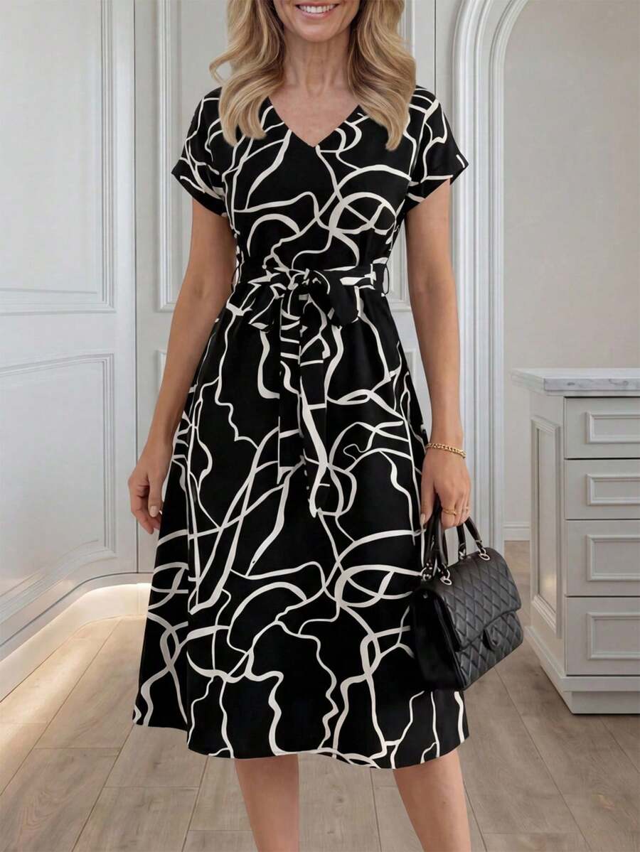 Vestido estampado completo - Blanco y Negro - Ver 1