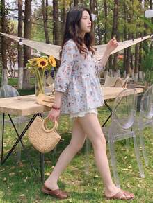 YUXIN 夏季新款宽松甜美七分袖圆领娃娃衫，时尚蝙蝠袖碎花衬衫 - 淺藍色 - 查看 8