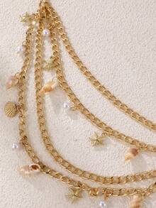1pc Women's Fashionable Elegant Gold Starfish Seashell Star Faux Pearl Heart Multi-Layer Waist Chain Body Chain Bohemian Style Accessory Decoration For Dress, Versatile For Daily, Party, Holiday, Vacationconcert Outfit - Gold - View 3