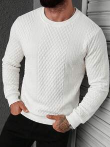 Men's Autumn Embossed Print Crew Neck Sweatshirt, Long Sleeve Top - White - View 2