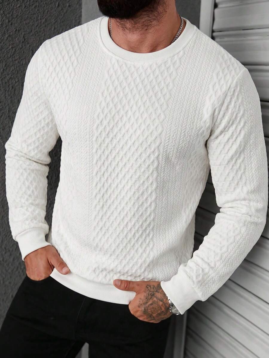 Men's Autumn Embossed Print Crew Neck Sweatshirt, Long Sleeve Top - White - View 1