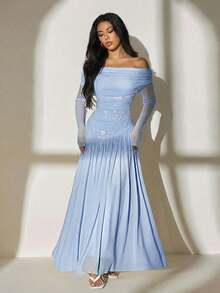 PETITE vestido formal negro elegante, un hombro, manga larga, contraste de malla bordada, bajo asimétrico, alta elasticidad.Ideal para fiesta o invitada de boda en otoño. - Azul - Ver 1