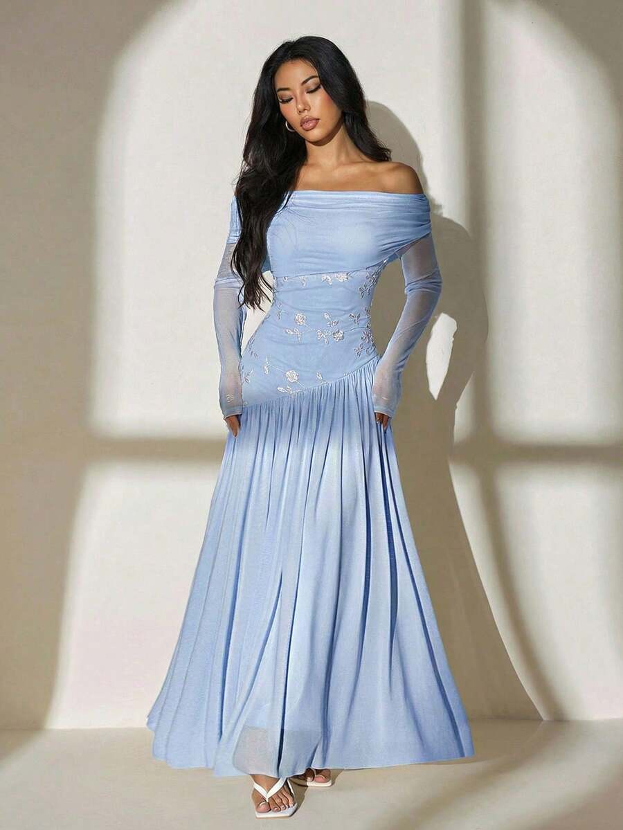 PETITE vestido formal negro elegante, un hombro, manga larga, contraste de malla bordada, bajo asimétrico, alta elasticidad.Ideal para fiesta o invitada de boda en otoño. - Azul - Ver 1