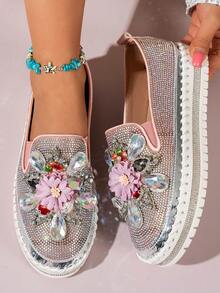 Women's Flat Slip-On Shoes With Sparkling Rhinestones, Casual Everyday Versatile Shoes - Pink - View 2