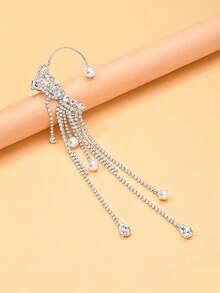 FAAABULS 1pc Shiny Crystal Tassel Ear Clip With Pearl Decor, Long Rhinestone Chain Earrings, Women's Evening Party Jewelry - EH2091 - View 10