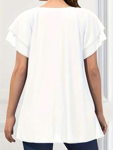 New 2026 Model:Blusa de Talla Grande para Mujer con Mangas Volantes y Bajo Asimétrico en Color Sólido - Negro - Ver 11