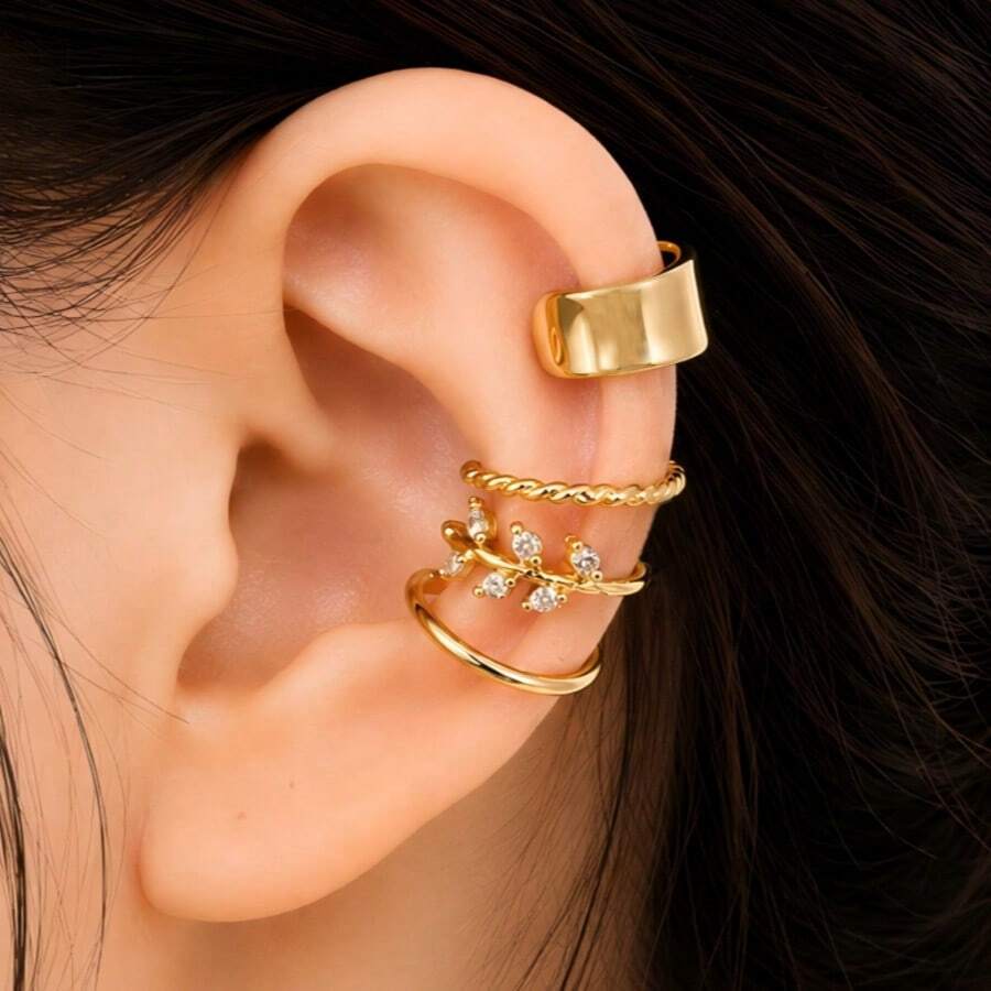 4pcs/Set Fashionable Minimalist Rhinestone Clip-On Earrings, Versatile For Dating, Parties And Daily Wear, Perfect Valentine's Day Gift - Gold 4-piece Set, Style a - View 1