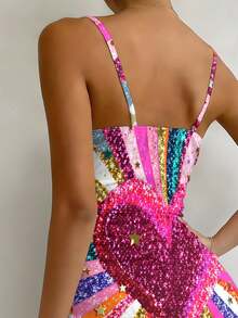 Rainbow Heart Print Cami Mini Dress, For Party Gatherings, Breathable Polyester, Stylish, For Casual Party Events. - Multicolor - View 5