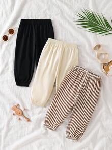 3pcs/Set Baby Boy Autumn Solid Black Apricot Brown Striped Long Pants Children Fashion Versatile Elastic Waist Harem Pants Vintage Simple Casual All-Match Spring Pants - Multicolor - View 2