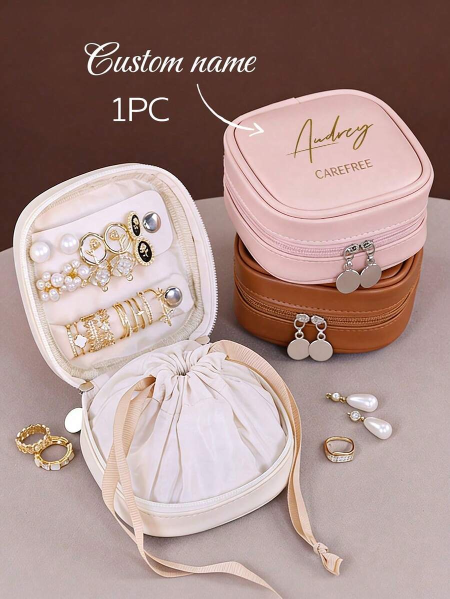 Custom Name Travel Jewelry Box, Personalized PU Leather Mini Jewelry Organizer, Portable Earring/Ring Storage Case, 1PC - Multicolor - View 1