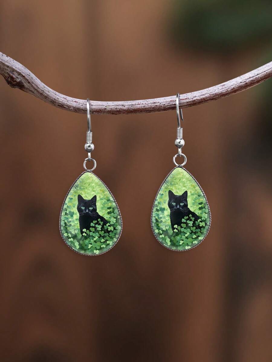 1 Pair Cartoon Cute Cat & Lucky Four-Leaf Clover Pattern 316 Stainless Steel Water Drop Ear Hooks, Suitable For Women's Daily Wear - Green - View 1