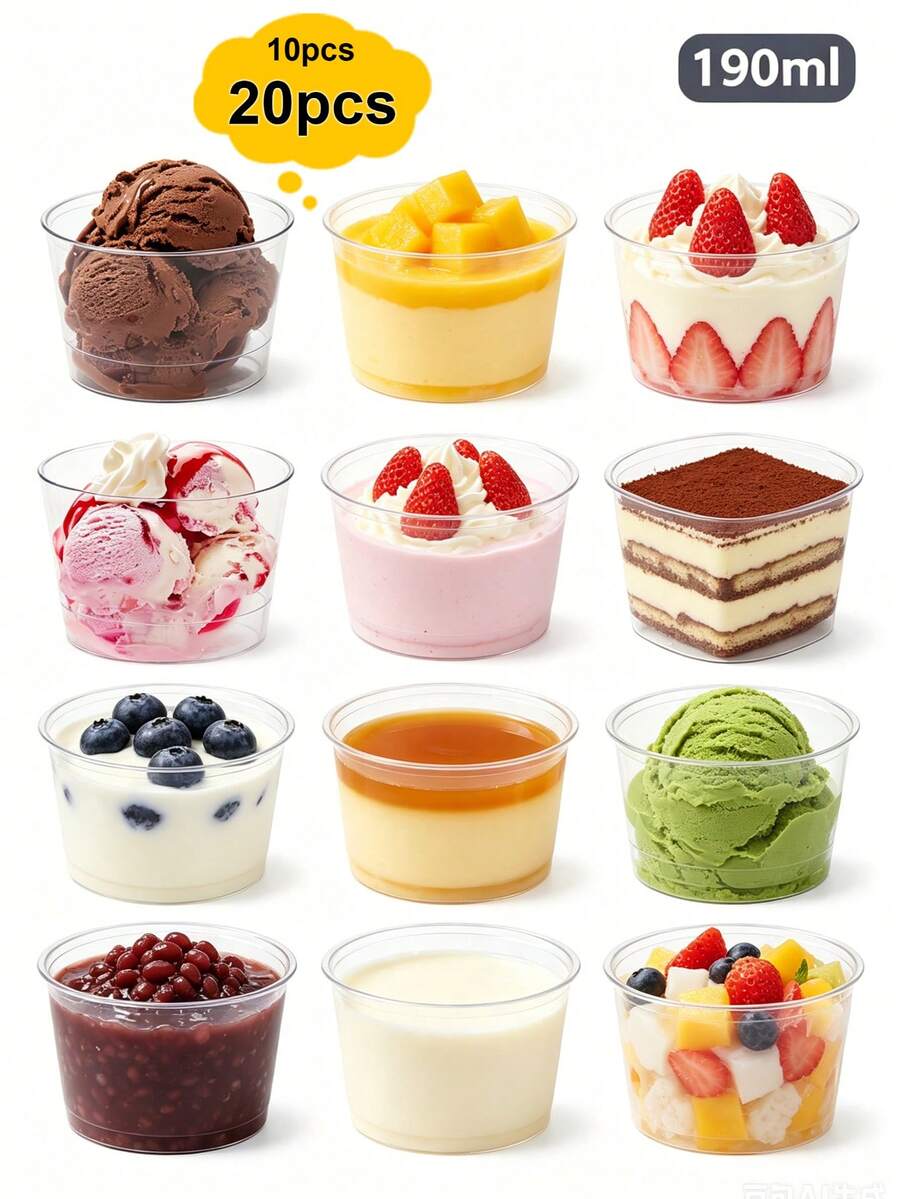10pcs/20pcs Large Round Transparent Plastic Mousse Cups 190ml, Party Dessert Cups, Birthday Cake Cups, Colorless Disposable, Suitable For Chilled Beverages, Pudding, Desserts, Smoothies, Etc.