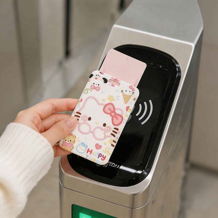 MINISO Kawaii Sanrio Hello Kitty Pochacco 滑動式卡套,可愛動漫角色直立式卡夾,附彈性粉色螺旋腕繩鑰匙圈,返校季學生證識別證套 - 樣式 1 - 查看 1