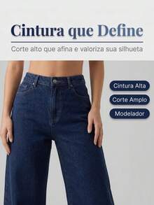 Women's Wide Leg Jeans, High Waist, Comfortable, Dark Blue - 深色水洗藍 - 查看 2
