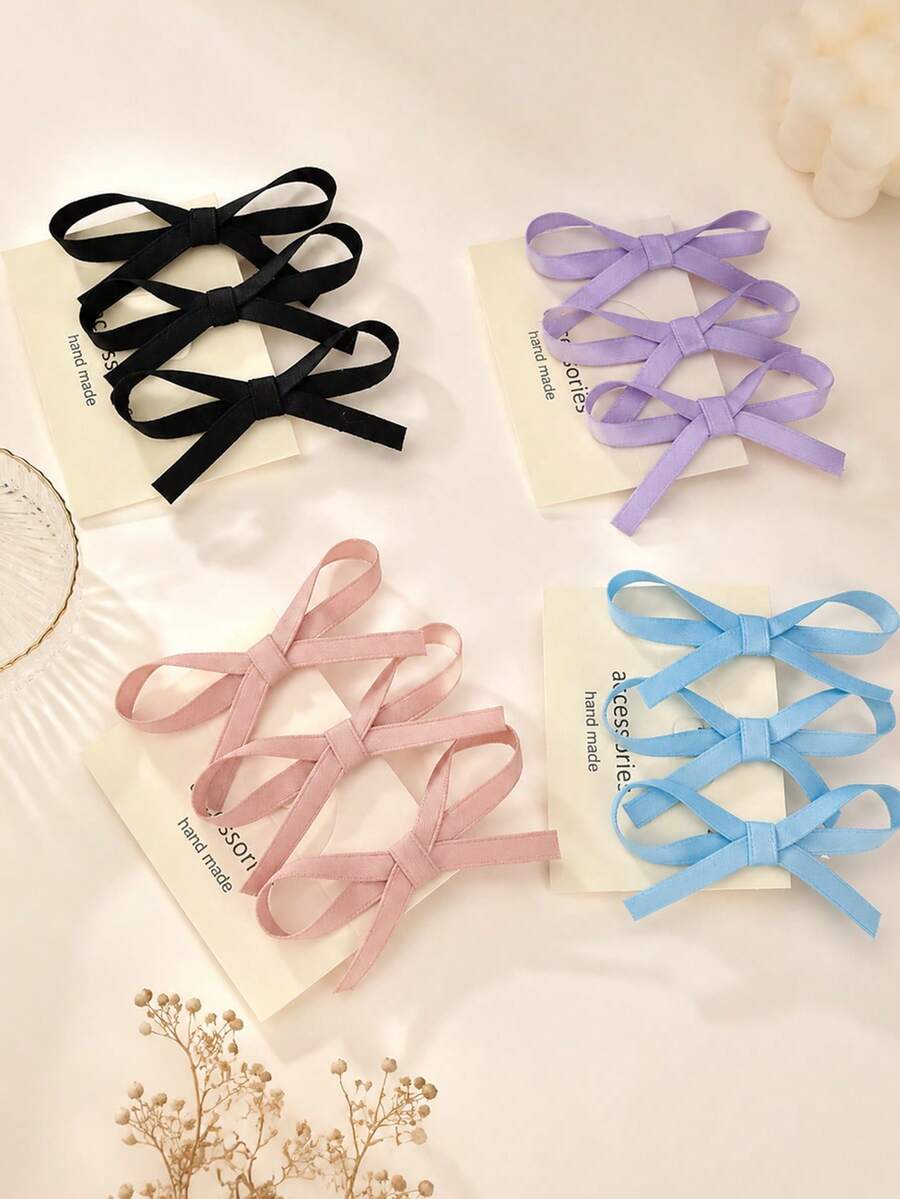 3 piezas Clips de moño pequeño con cinta dulce para flequillo y barretas laterales para niñas, adecuados para combinar a diario - Multicolor - Ver 1