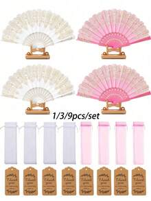 1/3/9件組婚禮派對禮品組，金色/粉色婚禮摺扇、歐根紗袋、感謝卡、紀念禮品組，適合送給朋友、賓客、新娘派對、生日派對、拍照道具 - 多色 - 查看 1