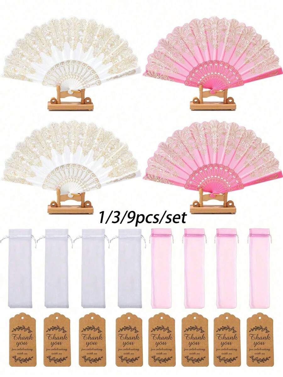 1/3/9件組婚禮派對禮品組,金色/粉色婚禮摺扇、歐根紗袋、感謝卡、紀念禮品組,適合送給朋友、賓客、新娘派對、生日派對、拍照道具 - 多色 - 查看 1