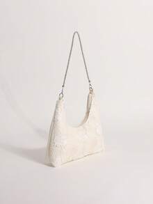 Yellow-Green Lace Hollow Floral Hobo Shoulder Bag With Rhinestones For Women, Suitable For Vacation (Floral Pattern Randomly Distributed) - Beige - View 3