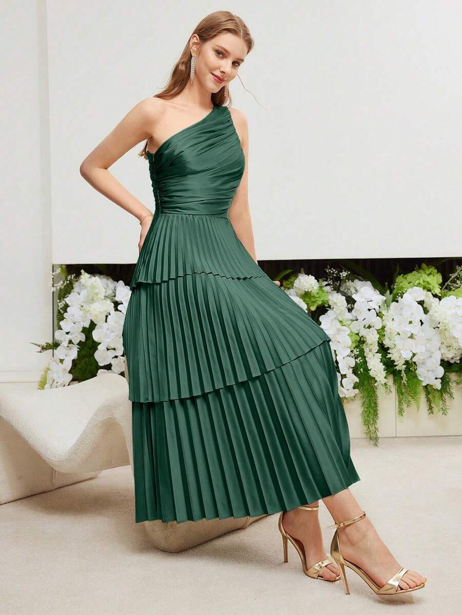 largo con un hombro, Body fruncido y falda plisada en capas - Verde Oscuro - Ver 1