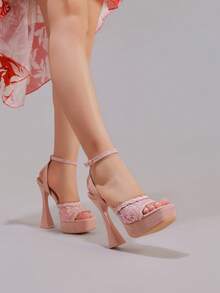 Sandali con tacco alto rosa ricamati in pizzo, scarpe da festa sexy con punta aperta, punta quadrata, tacco a calice di vino, platform, ciabatte da ballo, scarpe estive da donna - Rosa - Visualizzare 8