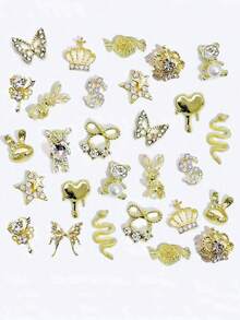 混裝 36/58pcs 隨機銀色與金色鋯石美甲裝飾，3D 合金美甲水鑽，金屬花朵與蝴蝶美甲飾品，美甲用品，多款款式可選 - 彩色 - 查看 7