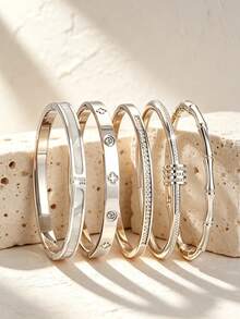 5PCS Fashion Minimalist Style Stainless Steel Women's Bracelet With Four-Leaf Flower Glass Inlay Decoration, Suitable For Women's Daily Life, Work Commute Or Travel - Set1 5PCS - View 5