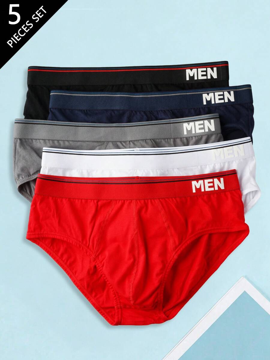 5件裝多色組合純棉男士內褲 白色腰帶 MEN字母熱轉印印花 - 彩色 - 查看 1