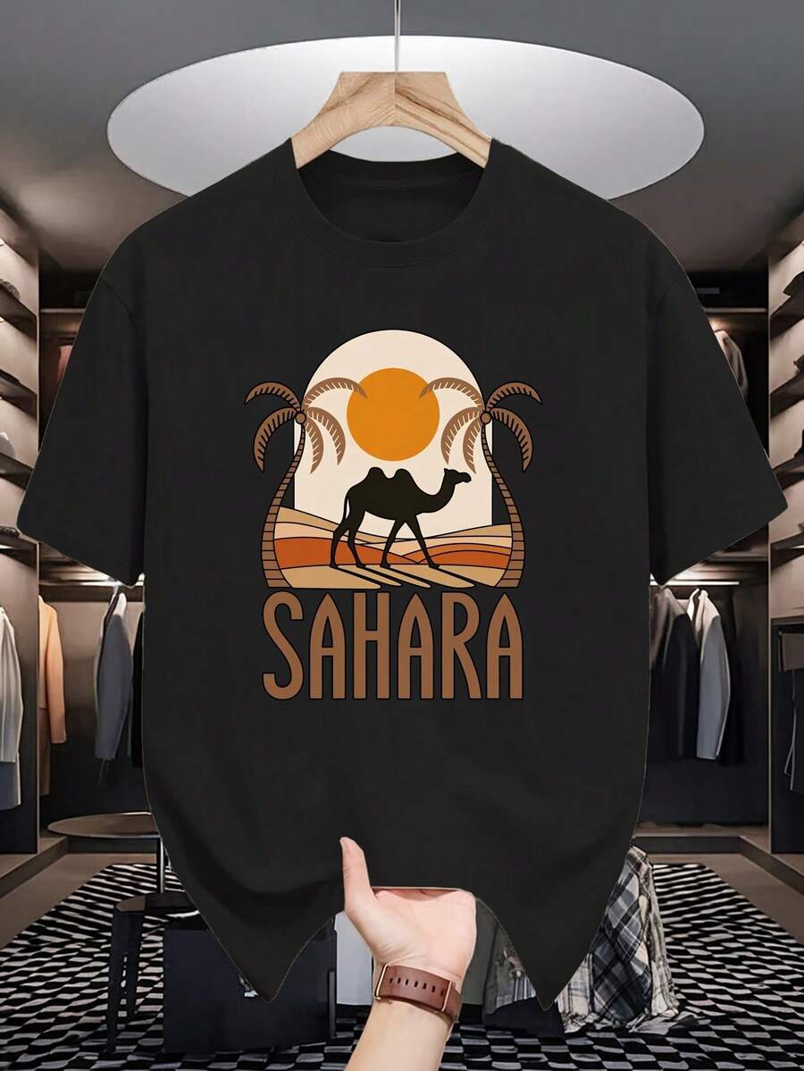 Smart Casual.1pac.100%Cotton.SAHARA Printed Short Sleeve Top, Casual Round Neck, Fashionable For Teens Spring Summer Daily Outfits.Round Neck - Black - View 1