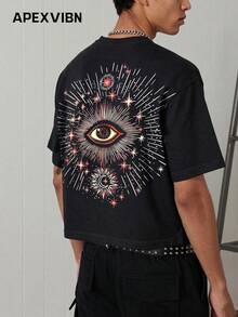 Amerikanischer Streetstyle Kurzarm T-Shirt Herren Dunkel Mysteriöses Allsehendes Auge Muster Crop Top Streetwear Hip-Hop Lockere Silhouette Sommer Marken T-Shirt - Schwarz - Übersicht 2
