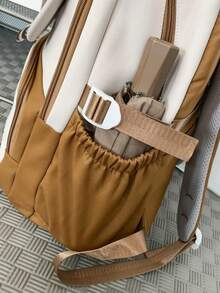 Large Capacity Color Block School Backpack | Beige & Black Bag With Logo & Striped Details | School/Travel/Commute | Bag,Y2k - Multicolor - View 7