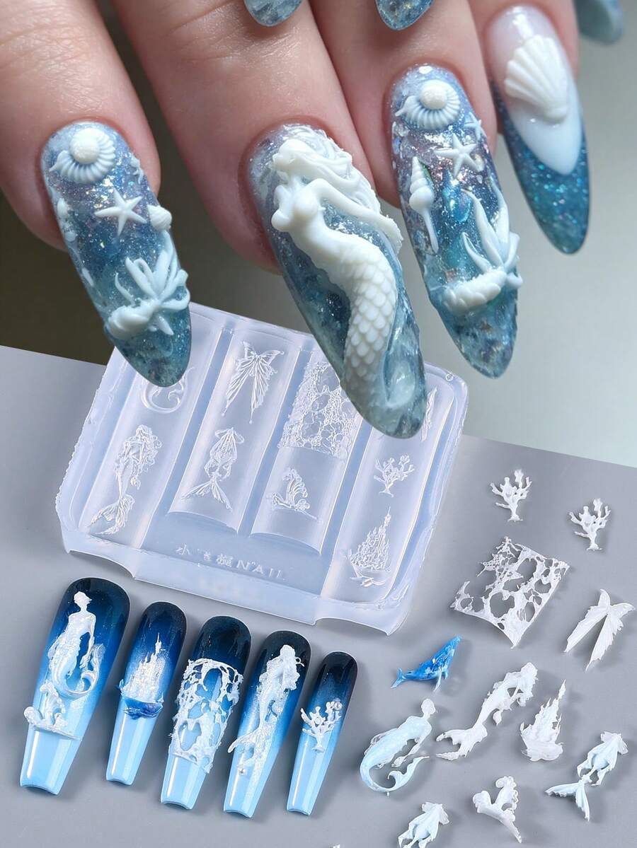 1件透明軟矽膠3D海洋美甲模具，美人魚、珊瑚、海底城堡與波浪，可重複使用雕刻模板，易脫模美甲工具，適用於DIY UV凝膠、壓克力、Poly Gel美甲延長，夏季海灘海底主題美甲用品 - 無色 - 查看 1