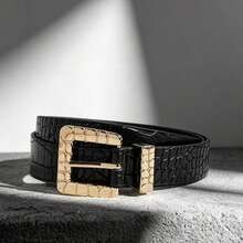 1 pieza Cinturón de cuero para mujer con hebilla y patrón de cocodrilo, cuero charolado, estilo chic, en stock, moda europea & americana, para mujer de negocios - Hebilla con estampado de cocodrilo - Ver 2