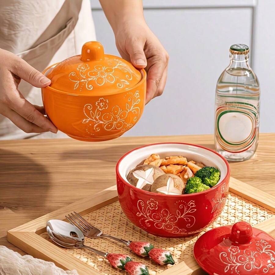 NTKOW 1 Piece Boho Hand-Painted Ceramic Casserole Bowl With Lid, 4.65-Inch Single Serving Stew Bowl, Microwave & Refrigerator , Perfect For Steamed Eggs, Soup, Bird's Nest, Family Meals, Holidays & Daily Home Use - View 1