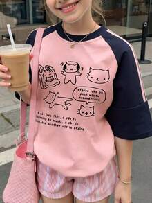 夏季新款时尚女童撞色短袖T恤，休闲趣味图案上衣，适合上学/运动/户外活动 - 粉色 - 查看 2