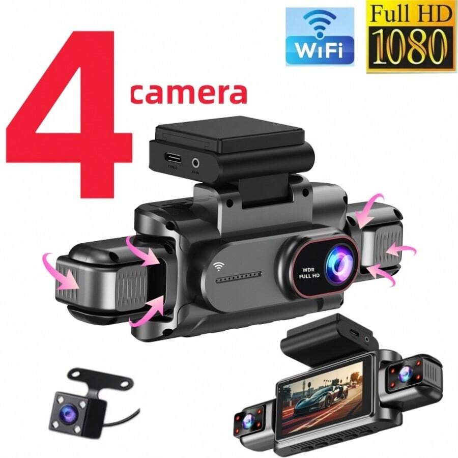 4-Channel Dash Cam, Front, Rear And Interior Monitoring, Dual Left And Right Cameras For Cars, With Night Vision, G-Sensor, WDR, Loop Recording, Motion Detection, Supports Wi-Fi Connection, Car Accessories, Battery Capacity: 150mAh - A - View 1