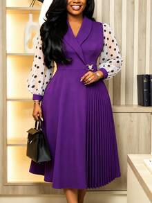 Plus Size Dark Purple Elegant Pleated Midi Dress Women Lapel Collar Polka Dot Sheer Long Sleeves High Waist Elegant Business Church Fall Outfit - Purple - View 5