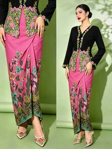 Saruang Kebaya For Women, Nyonya Kebaya 1pc Floral Print Elegant Skirt, Spring/Summer (Top Not Included) - Red - View 2
