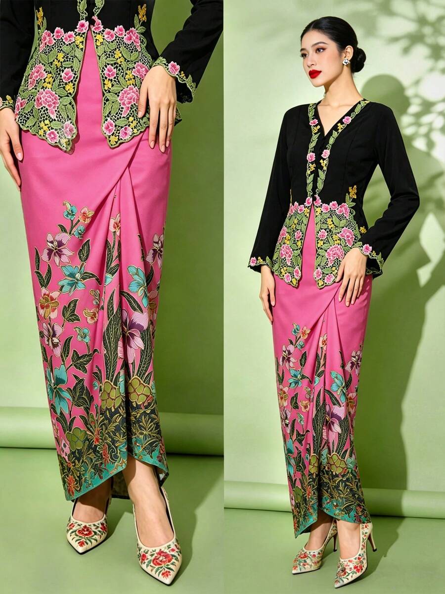 Saruang Kebaya For Women, Nyonya Kebaya 1pc Floral Print Elegant Skirt, Spring/Summer (Top Not Included)