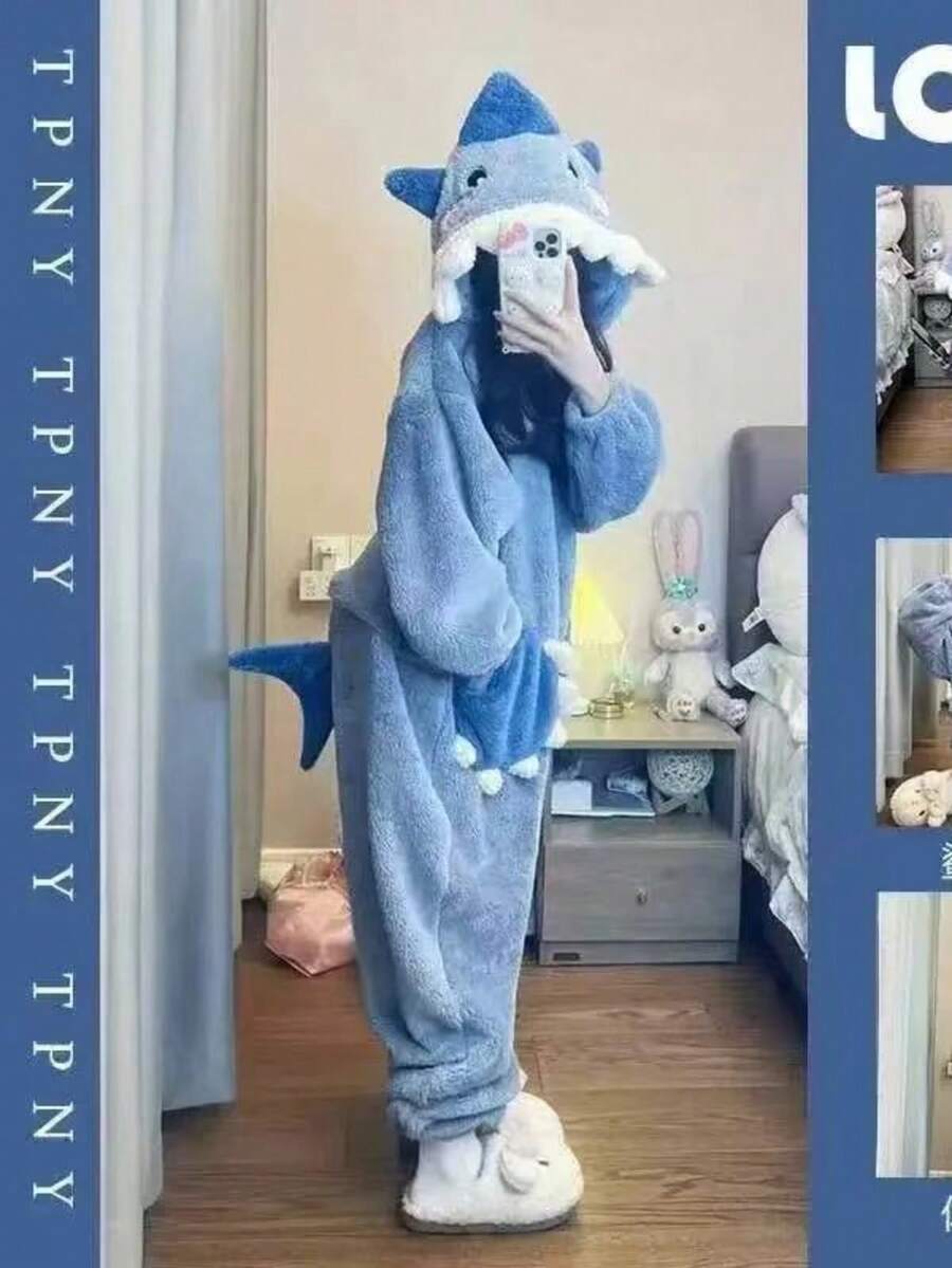 女款醜魚連身睡衣，冬季珊瑚色加厚保暖內裡卡通趣味情侶家居服 - 彩色 - 查看 1
