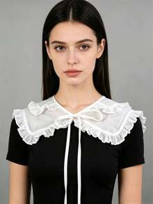 DA FEN QI MI MA 1 Pc White Ruffled Detachable Fake Collar, With Bow Tie, Sweet Peter Pan Neckline Accessory For Blouses And Dresses - White - View 1
