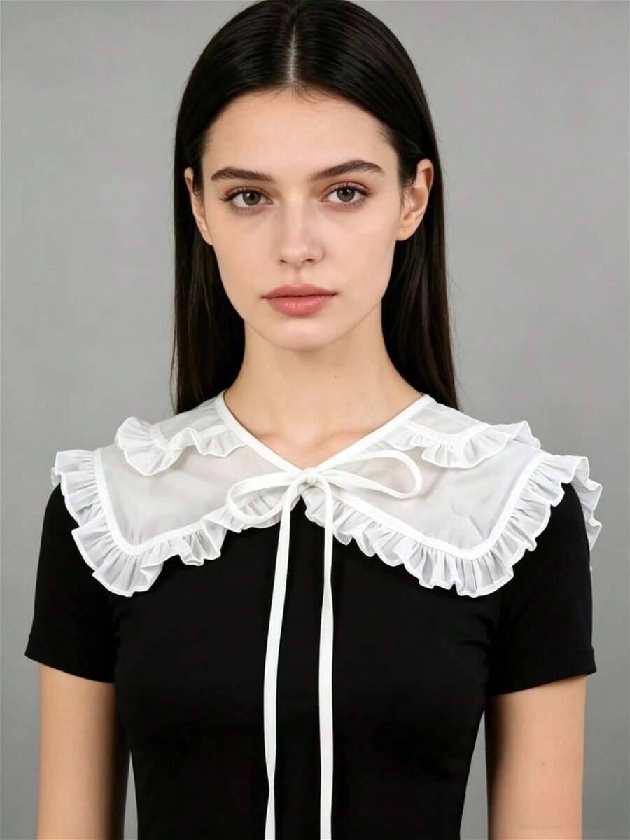 DA FEN QI MI MA 1 Pc White Ruffled Detachable Fake Collar, With Bow Tie, Sweet Peter Pan Neckline Accessory For Blouses And Dresses - White - View 1